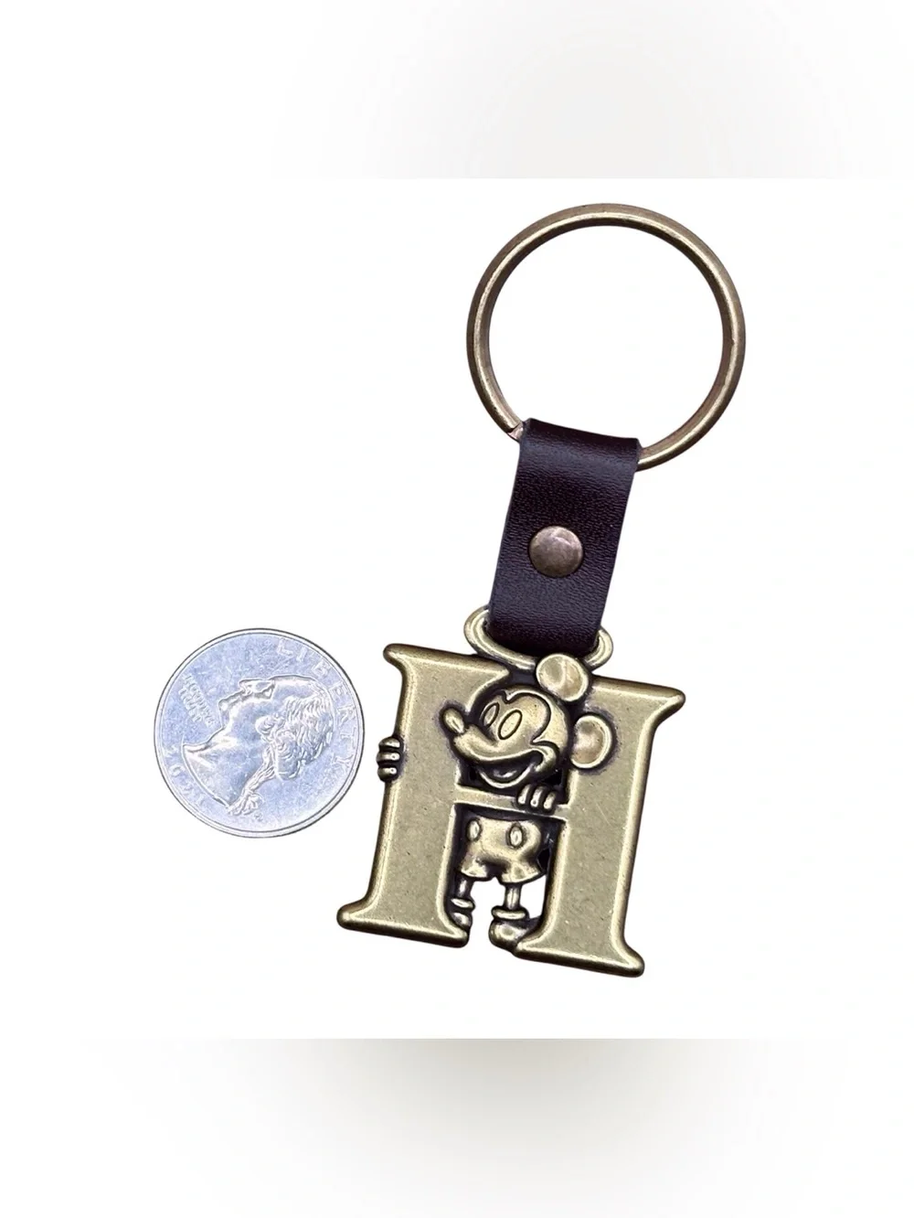 Disney Gold Tone Mickey Mouse 'H' Initial Keychain with Brown Strap